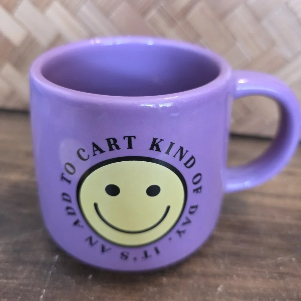 It's An Add To Cart Kind Of Day Mug & Saucer Purple & Yellow Smiley‎ Face